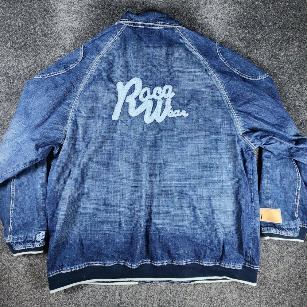 VTG Rocawear Denim Jacket Mens 3XL Blue Embroidered Logo Slub Texture